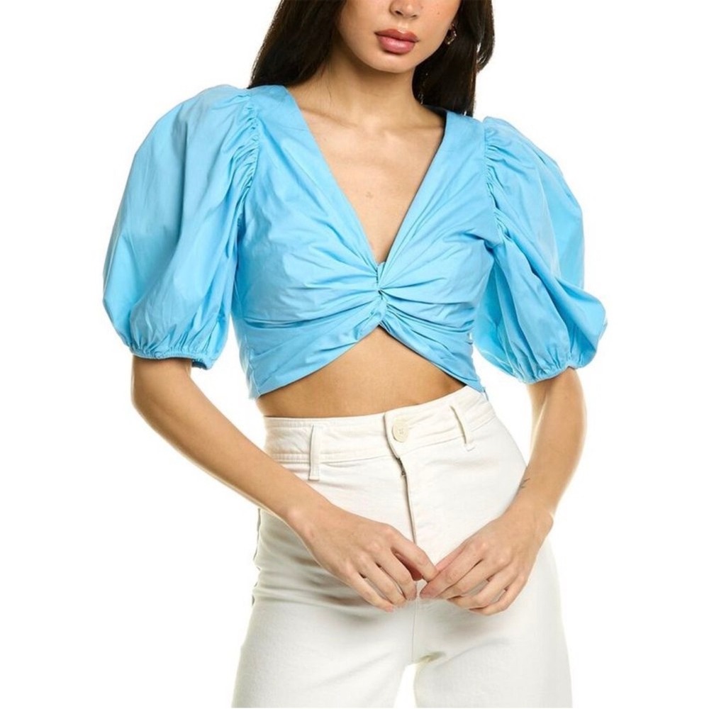 Cinq a Sept Vada Puff Sleeve Twisted Front Crop Top Light Blue Large